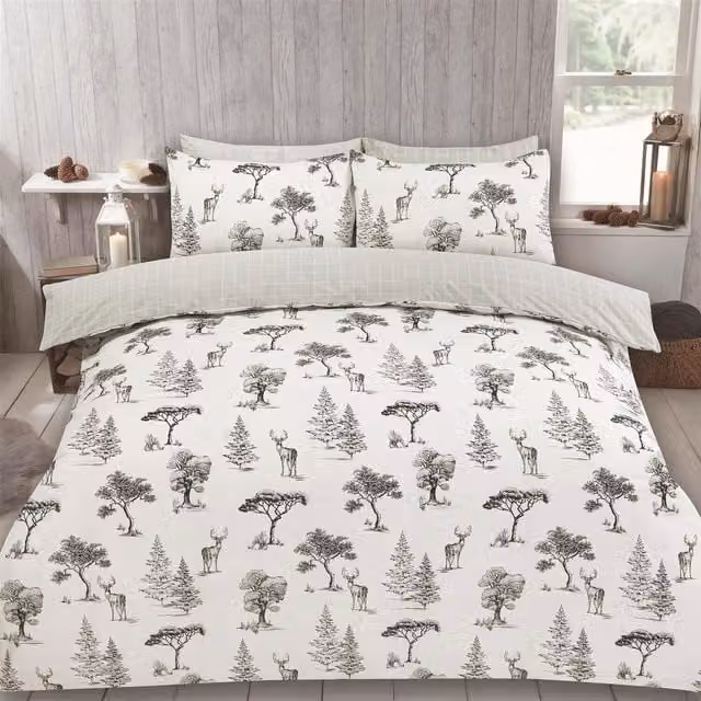 OHS Winter Stag Reversible Checked Duvet Cover Set, Grey and White, W: 180 cm x D: 200 cm