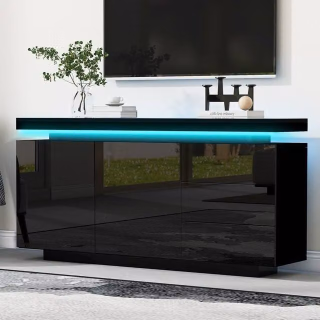 Merax Modern High Gloss LED Sideboard Cabinet in Black with 3 Drawers and 2 Doors – 1