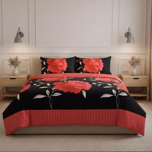 Snug City Reversible Floral Duvet Set and Pillowcase in Red, Size: Double (140 x 200 cm)