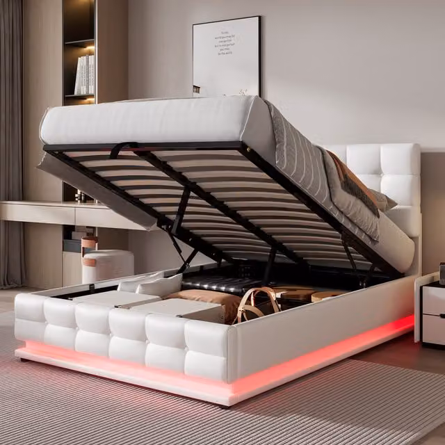 Home Touch Interior Kelly Double PU Faux Leather Ottoman Storage Bed with LED Lighting in White, 140 x 200 cm
