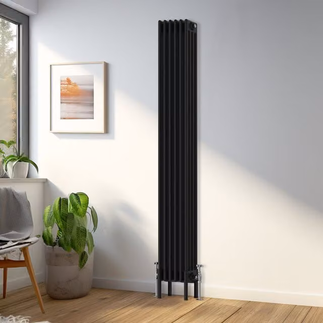 Right Radiators Traditional 4 Column Vertical Radiator in Black, H 180 cm x W 29 cm x D 29 cm
