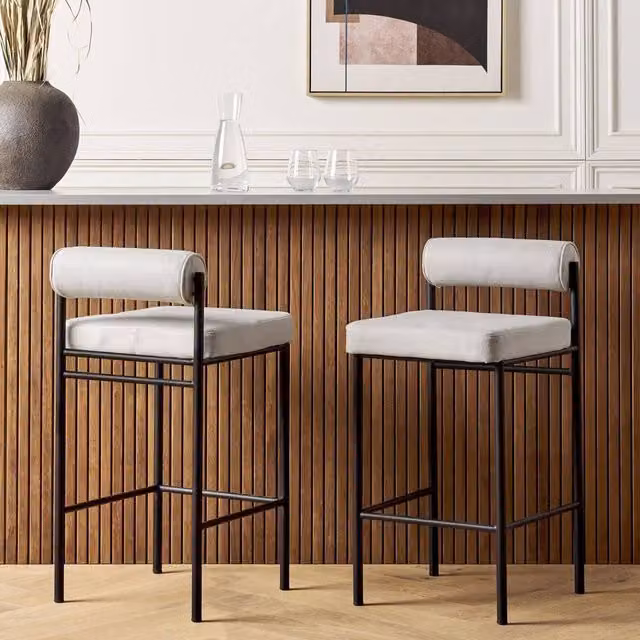 Wyld Haus Modish Home Set of 2 Bar Chairs in Light Grey Polyester with Black Metal Legs – 1