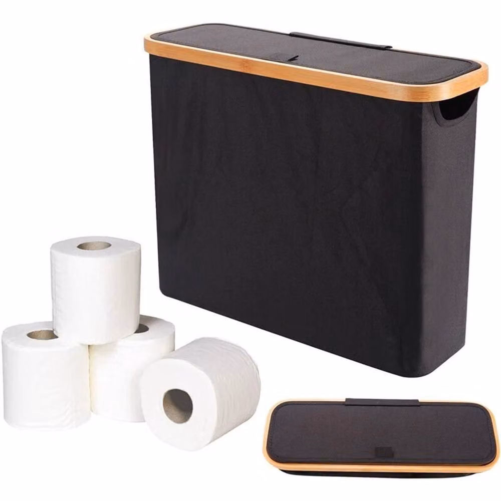 Nordara Bamboo Oxford Cloth Toilet Paper Roll Storage Basket with Lid, Black, W: 50 cm, D: 50 cm, H: 35 cm – 4