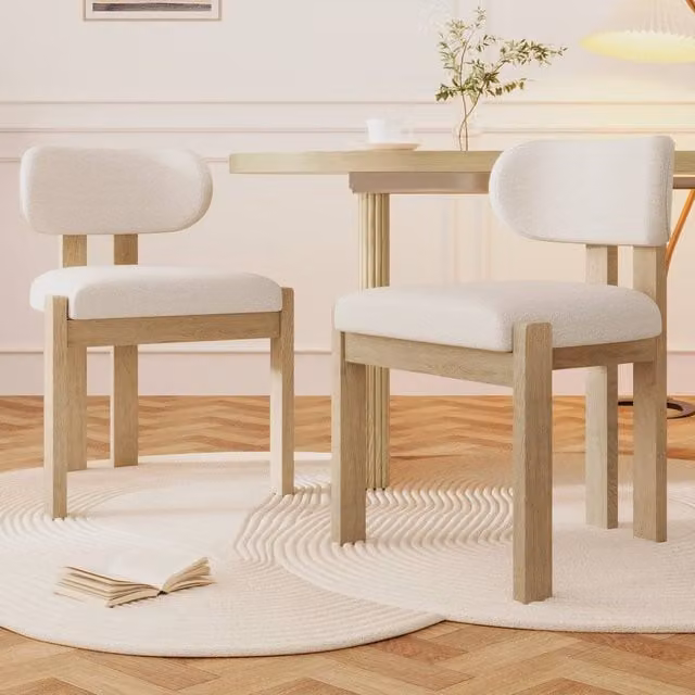 Merax Set of 2 Scandinavian Bouclé Dining Chairs with Solid Wood Frame and Curved Backrest in Beige and White – 1
