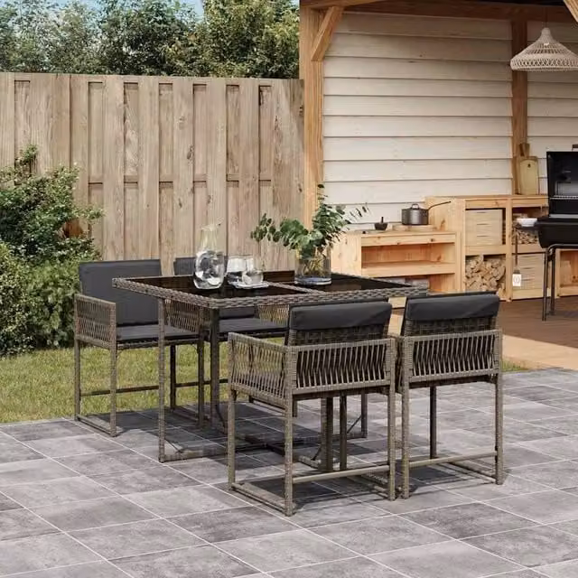 Berkfield Home 5 Piece Grey Poly Rattan Garden Dining Set with Cushions and Glass Top