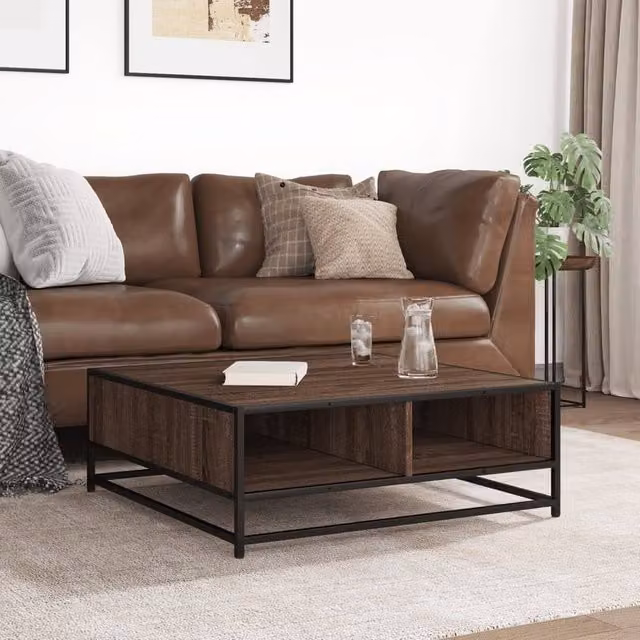 Berkfield Home Durable Brown Oak Coffee Table with Metal Sled Base, W/D/H: 80 x 80 x 30 cm – 1