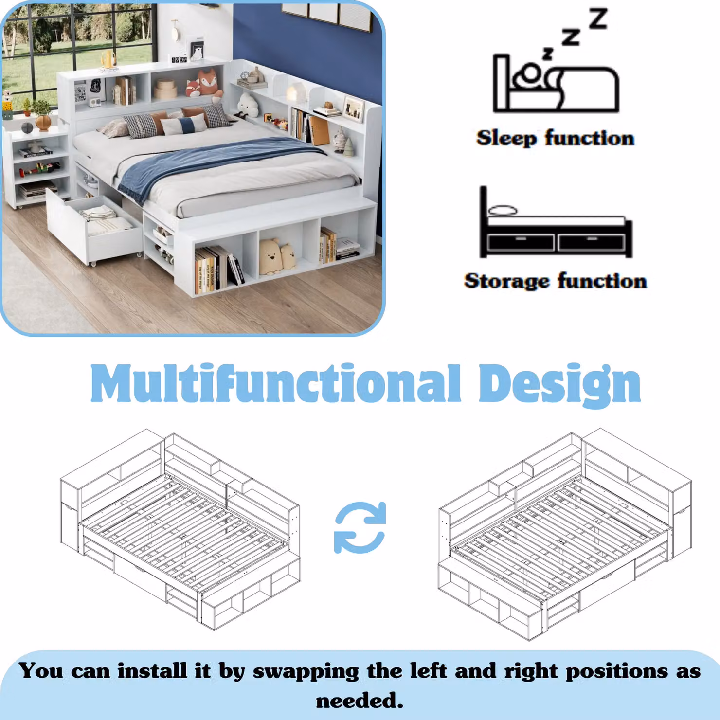 Matteo Multifunctional Children's Bed with Drawers and Bedside Shelf in Beige and White – 3