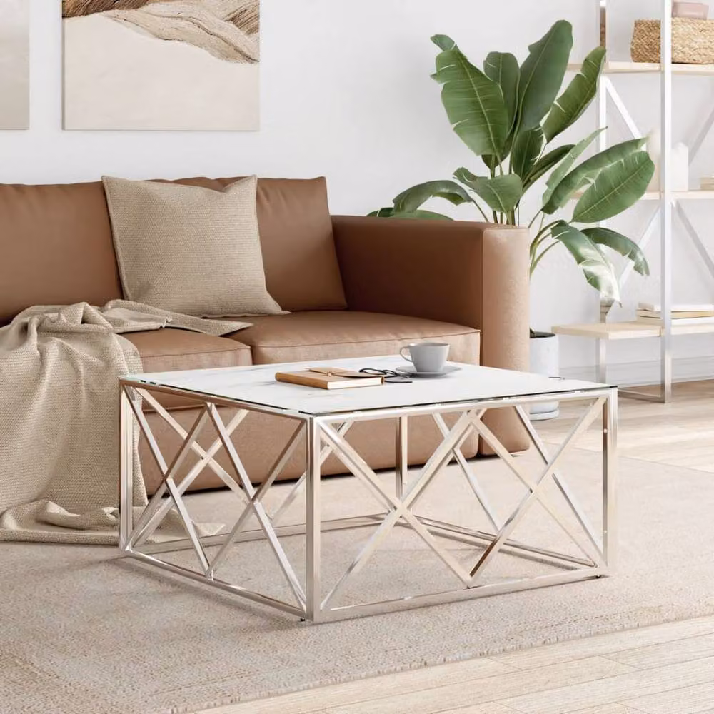 Berkfield Home Modern Square Coffee Table in Silver Stainless Steel and Glass, W/D/H: 80 x 80 x 40 cm – 2