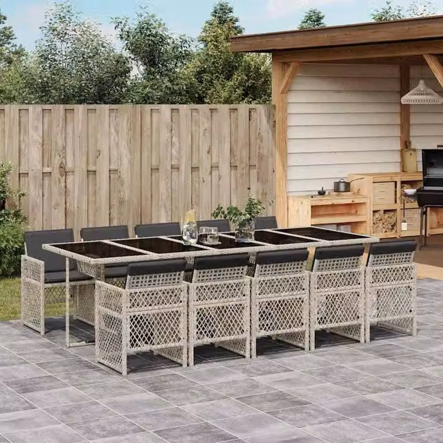 Berkfield Home 11 Piece Garden Dining Set with Light Grey Poly Rattan and Cushions