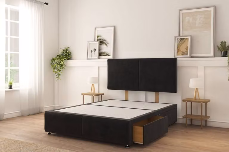 Sloomy Montana Plush Divan Bed Set with 2 Drawers and 26 inch Strutted Headboard in Black Velvet, Small Double, W/D/H: 120 x 200 cm