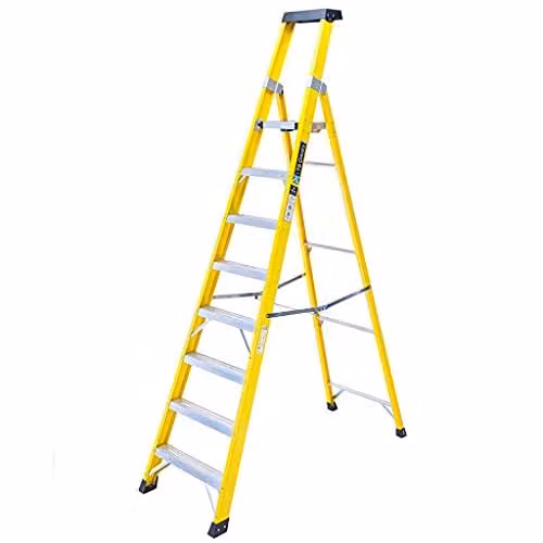 TB Davies 8-Tread GRP Fibreglass Platform Step Ladder with Tool Tray, Yellow, Platform Height: 1.9 m, 150 kg Load Capacity – 1