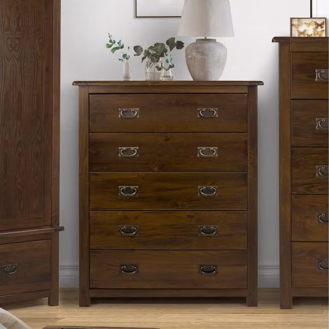 Core Products Boston 5-Drawer Chest of Drawers in Rustic Brown Lacquered Solid Pine Wood, W: 90 cm, D: 40 cm, H: 114.5 cm – 2