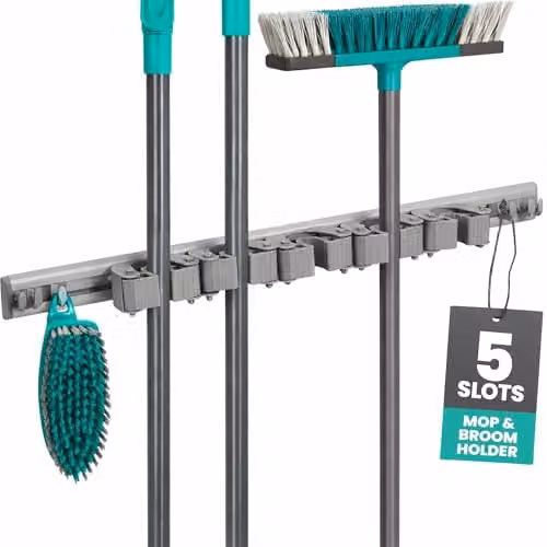 LIVIVO Wall Mounted Mop and Broom Holder with 5 Grippers and 6 Hooks, Grey