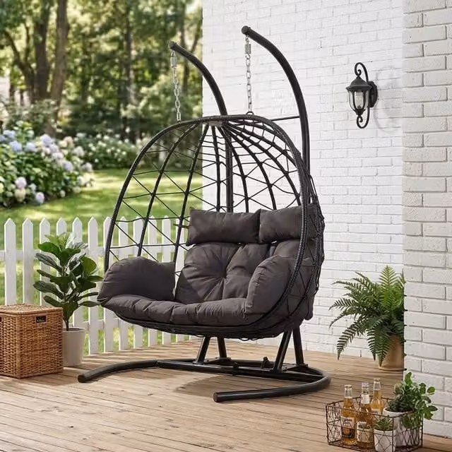 Darphe Two Seater Hanging Egg Chair with U Shaped Base in Black and Grey, Height: 175 cm