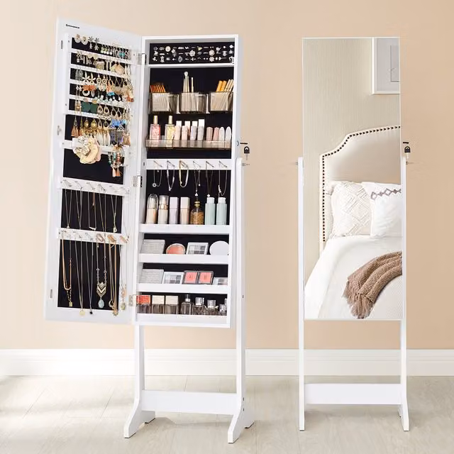 SONGMICS Lockable Jewellery Cabinet with Full-Length Mirror and Cosmetic Storage, White