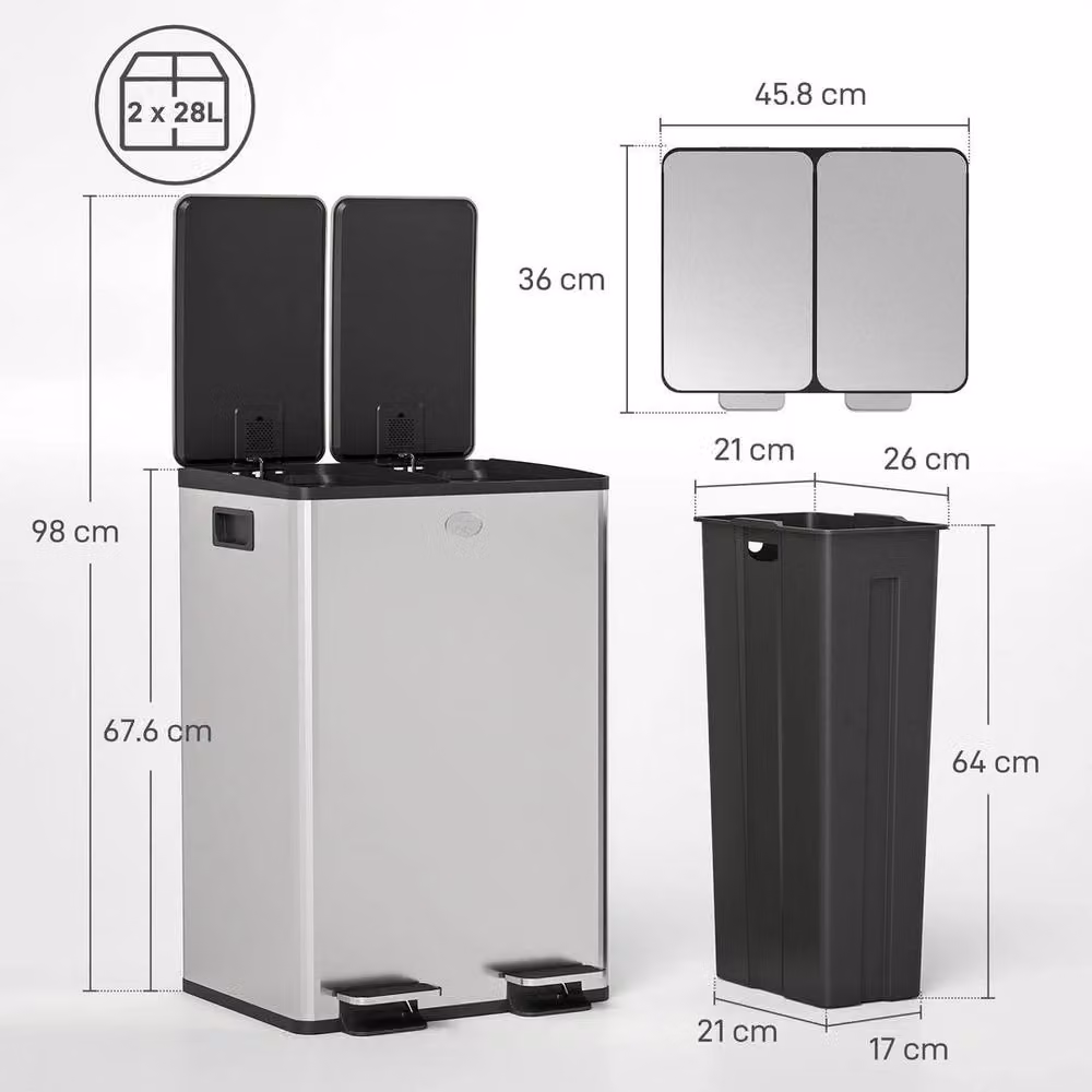 PAWNORA Dual Kitchen Pedal Bin in Silver with Odour Filter, 2 x 28L – 2