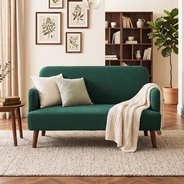 HOMCOM 2 Seater Modern Upholstered Fabric Sofa in Green with Rubberwood Legs