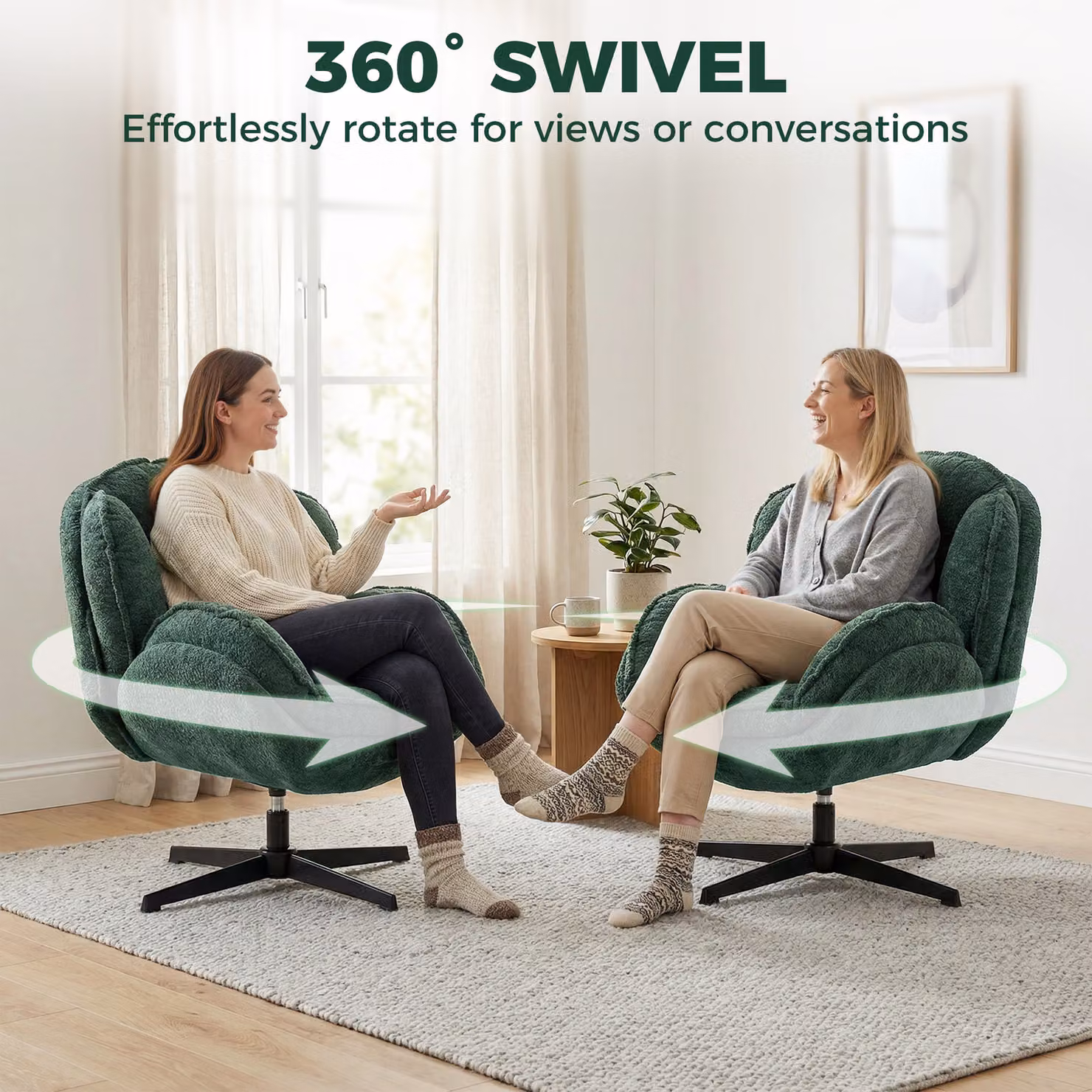 HOMCOM Modern Shell Swivel Accent Chair in Green Velvet with Armrests and Metal Frame – 5