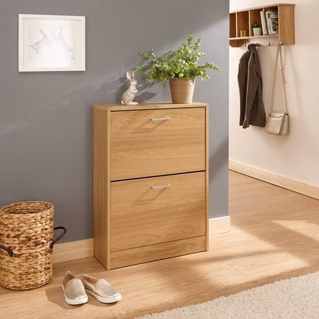 GFW Stirling Two Tier Modern Freestanding Shoe Cabinet with Tilting Compartments, Brown