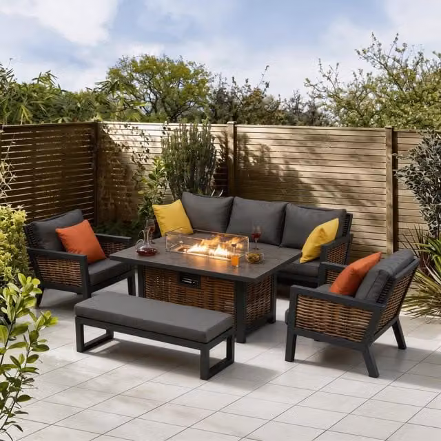 Furniture One 7-Person Grey Aluminium Garden Lounge Set with Cushions including 3-Seater Sofa, Single Sofa, Bench and Fire Pit Table