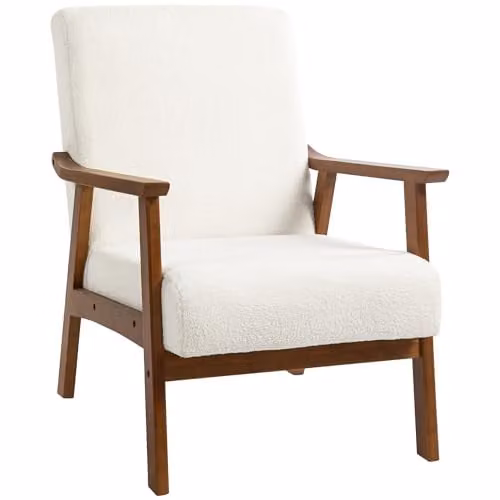 HOMCOM Mid-Century Boucle Accent Armchair with Solid Wood Frame in White – 1