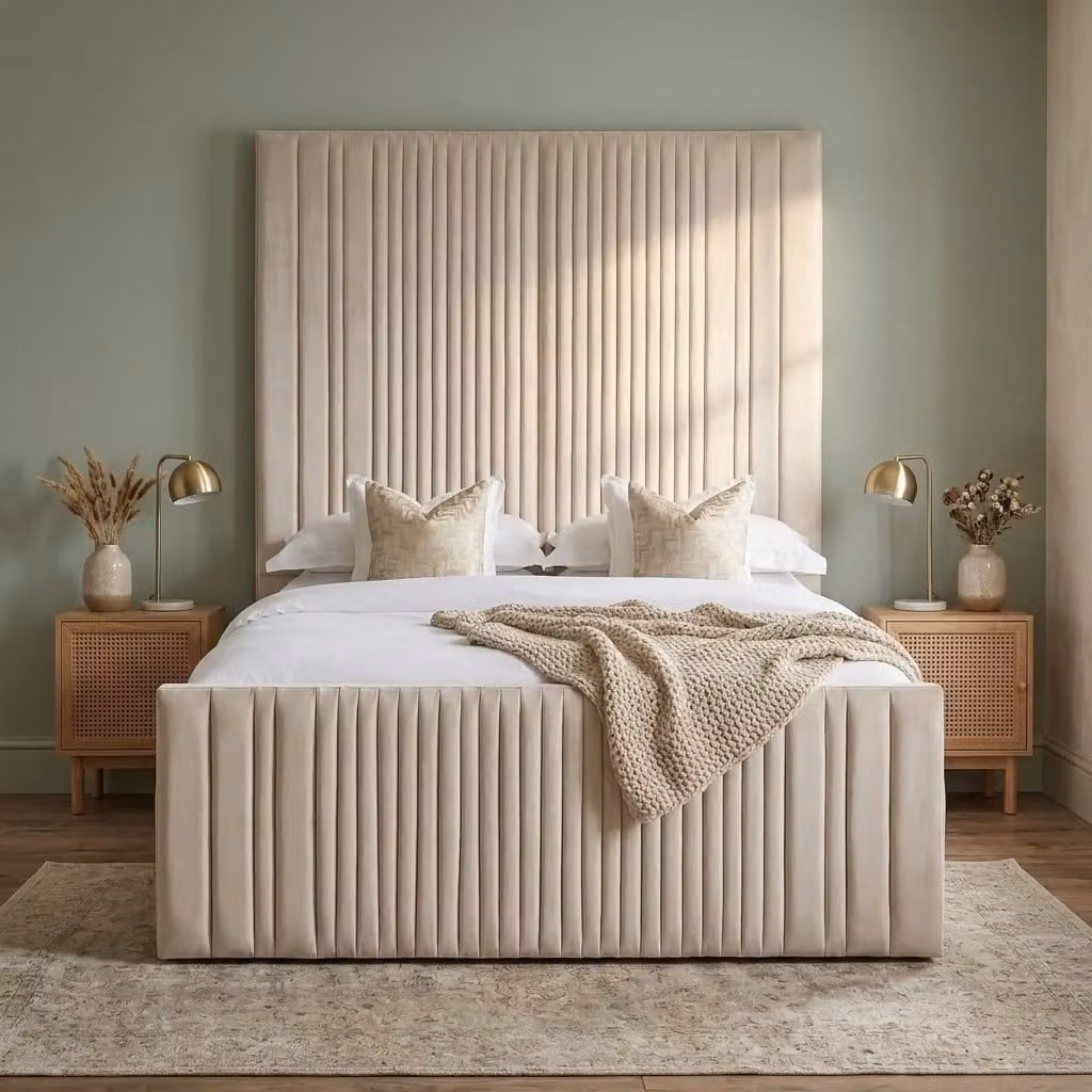 Brooklyn Bed Frame by Beds NK Ltd, Modern Upholstered Velvet Bed in Beige