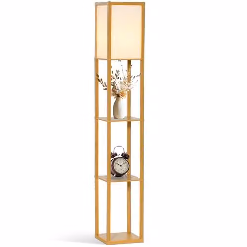 HOMCOM Modern 3-Tier Floor Lamp with Storage Shelves in Yellow and Wood