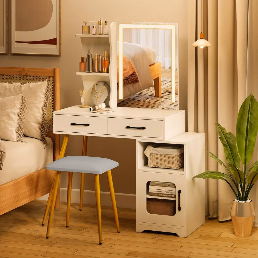 Costway Modern White and Gold Vanity Set with Hollywood LED Lights, Drawer and Stool – 2