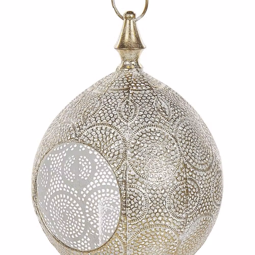 Wyld and Coco Distressed Gold Openwork Metal and Glass Lantern with Tealight Holder, Height: 33 cm – 2
