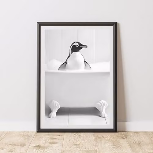 60 Second Makeover Penguin In The Bath Animal Print Paper Poster, W: 21.0 cm, H: 29.7 cm, Multicolour