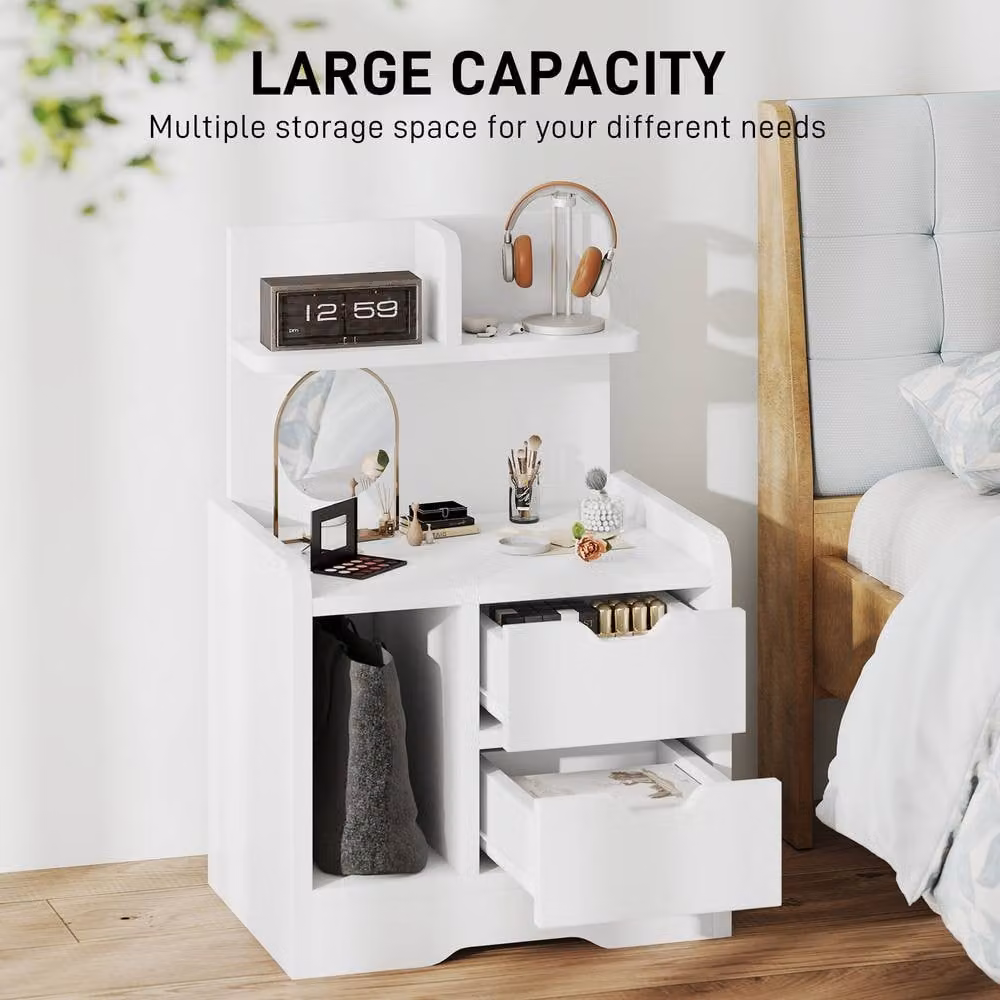 STILVORA Modern Glossy White Bedside Table with 2 Drawers and Shelves – 4