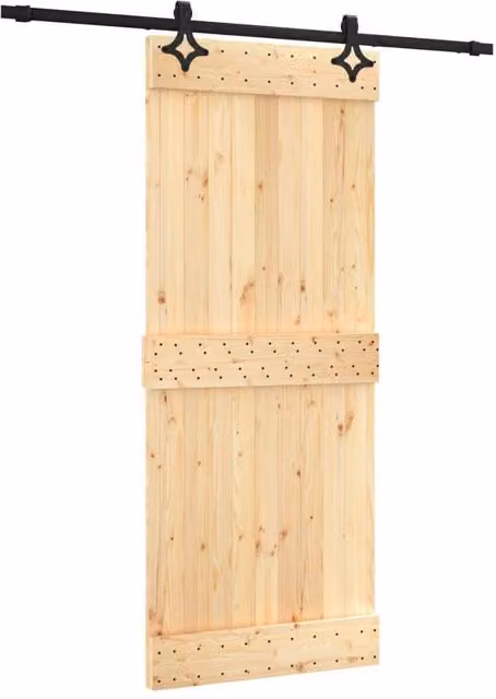 Berkfield Home Rustic Solid Wood Pine Sliding Door with Hardware Set, Brown, W: 85 cm, H: 210 cm