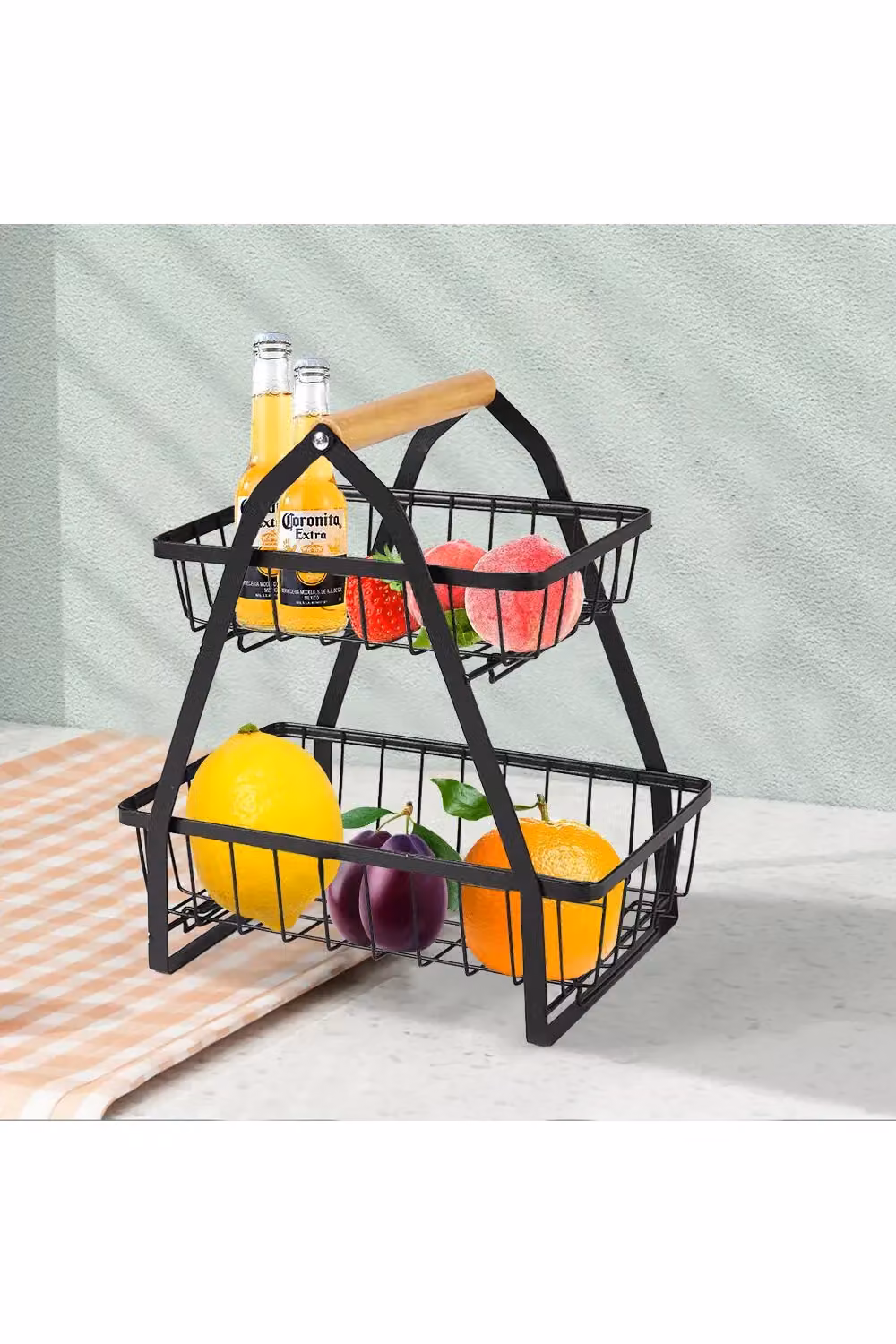 Living and Home 2 Layer Metal Kitchen Detachable Fruit Basket Holder with Wooden Handle in Black – 3