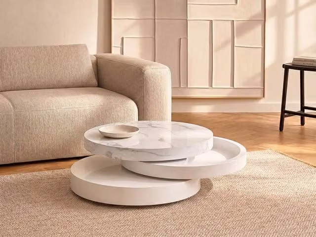 Vente-unique Round Swivel Coffee Table with Niche in White Marble Effect MDF, W: 80 cm, D: 80 cm, H: 50 cm