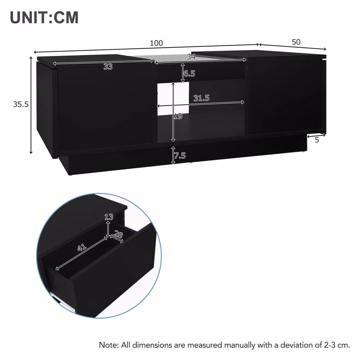 Aosom.UK Modern 2-Tier Coffee Table with App-Controlled LED Lights and 2 Drawers in Black, W: 100 cm, D: 50 cm, H: 35.5 cm – 3