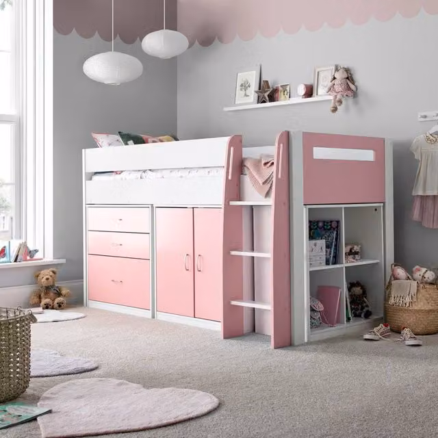 Bedmaster Lacy Storage Mid Sleeper Bed with Memory Foam Mattress, Pink, Single, W/D/H: 90 x 190 x 117 cm