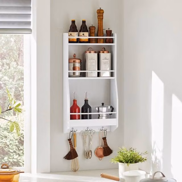 SoBuy Wall-Mounted 3-Tier Storage Rack with Hooks in White – 1