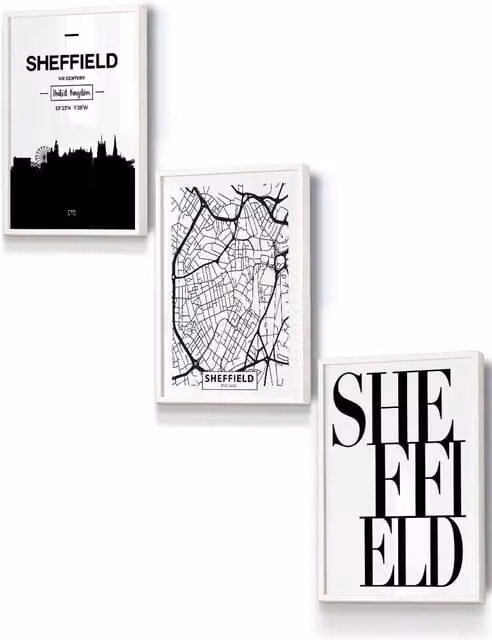 ARTZE Sheffield Skyline Street Map City Print Framed Wall Art in White, W: 33 cm, H: 45 cm, D: 20 mm
