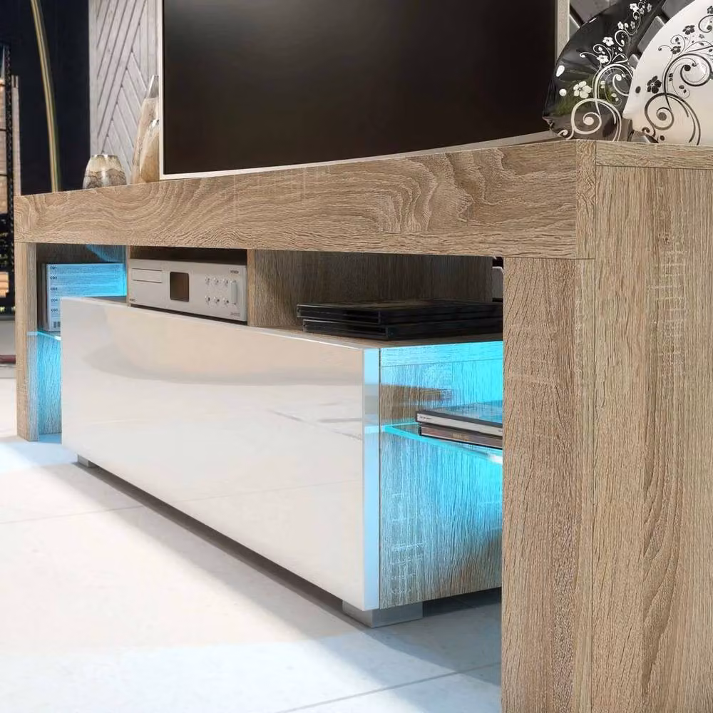 FORGEVIO Modern Oak TV Unit and Sideboard Cabinet in White with Integrated Lighting – 4