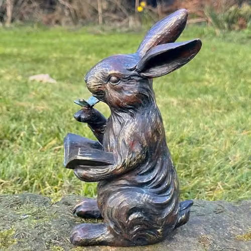 Animal Crackers Rabbit Reading Book Figurine in Bronze Effect Resin