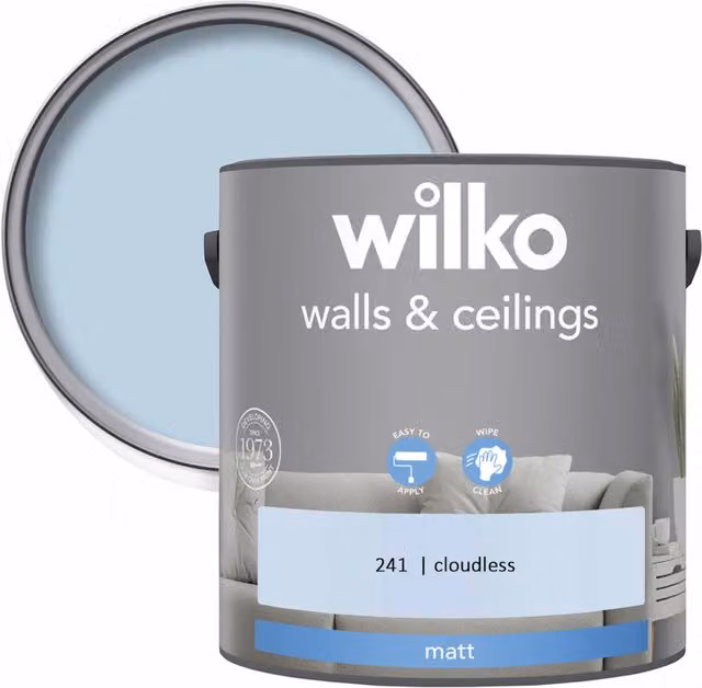 wilko Cloudless Matt Emulsion Paint for Walls and Ceilings, Blue, 2.5 l