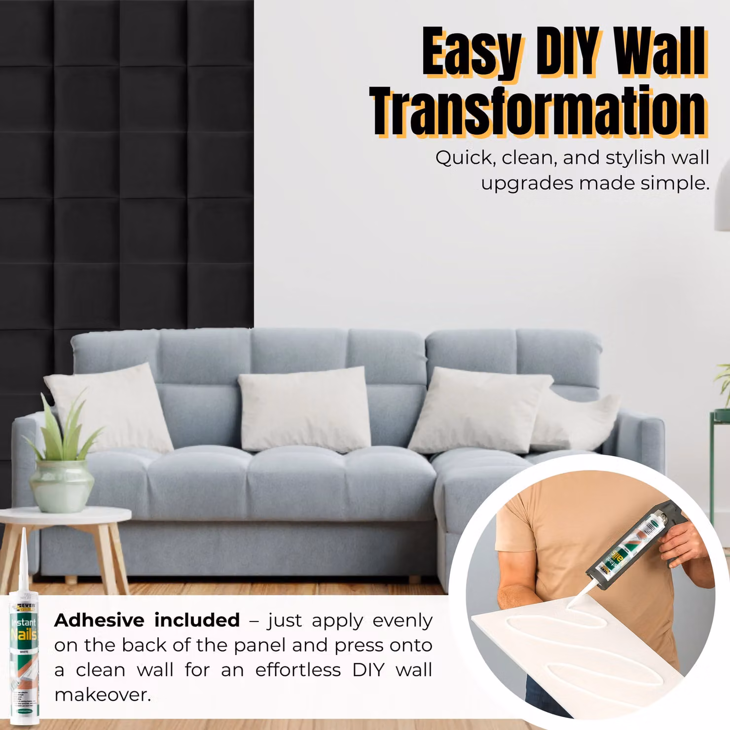 Novecrafto Set of 4 Soft Velvet Upholstered Wall Panels with Adhesive, Black, W/D/H: 30 x 30 x 3 cm – 8