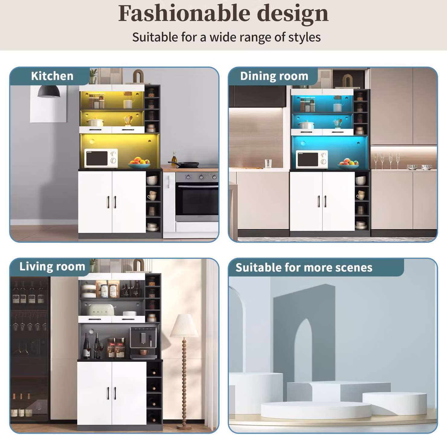 Aosom UK Tall Kitchen Cupboard with LED Lighting and Glass Doors, White and Grey, W: 47 cm, D: 47 cm, H: 187 cm – 6