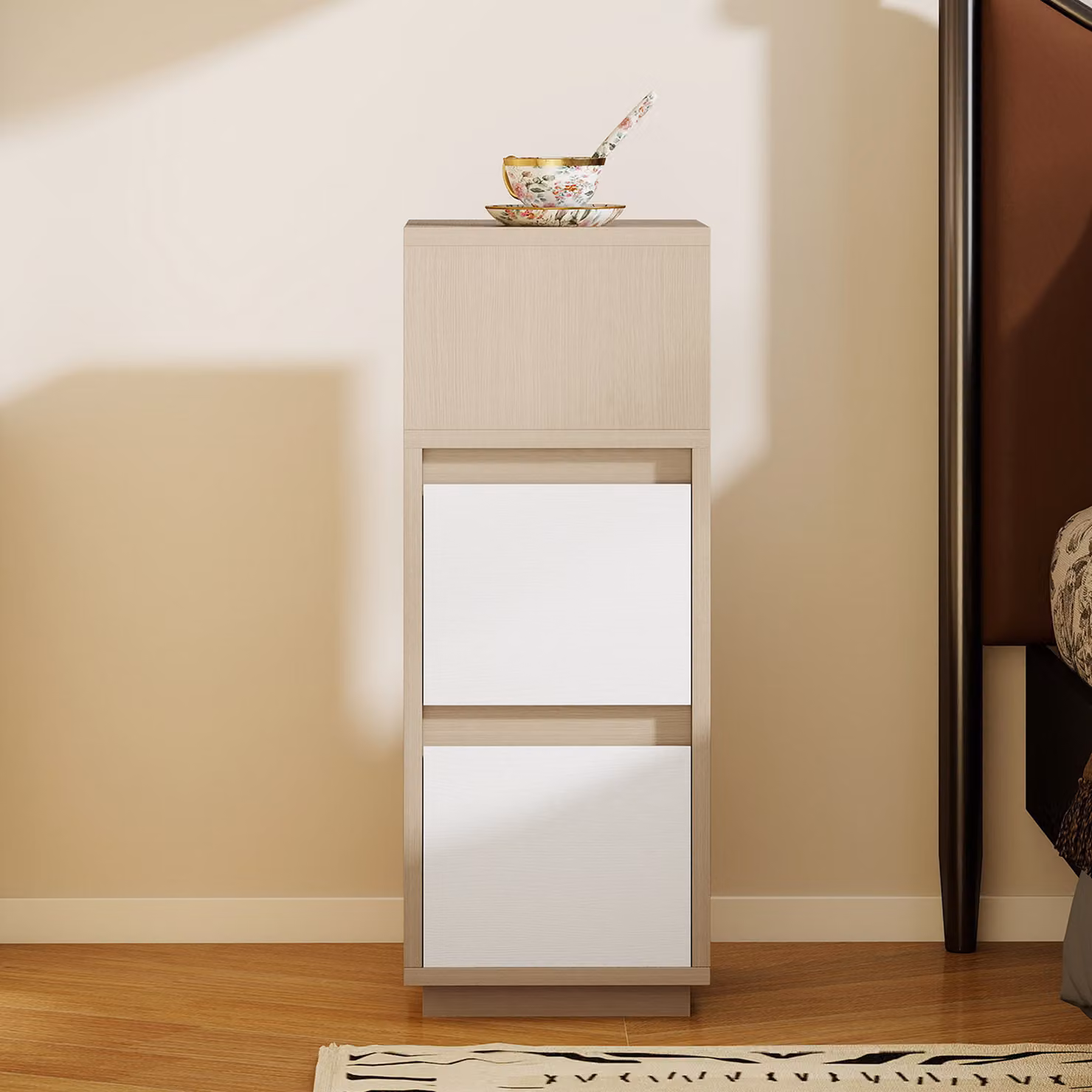 HOMCOM Slim Bedside Table with Open Shelf and 2 Drawers, Brown Wood Finish, W/D/H: 25 x 30 x 65 cm – 4