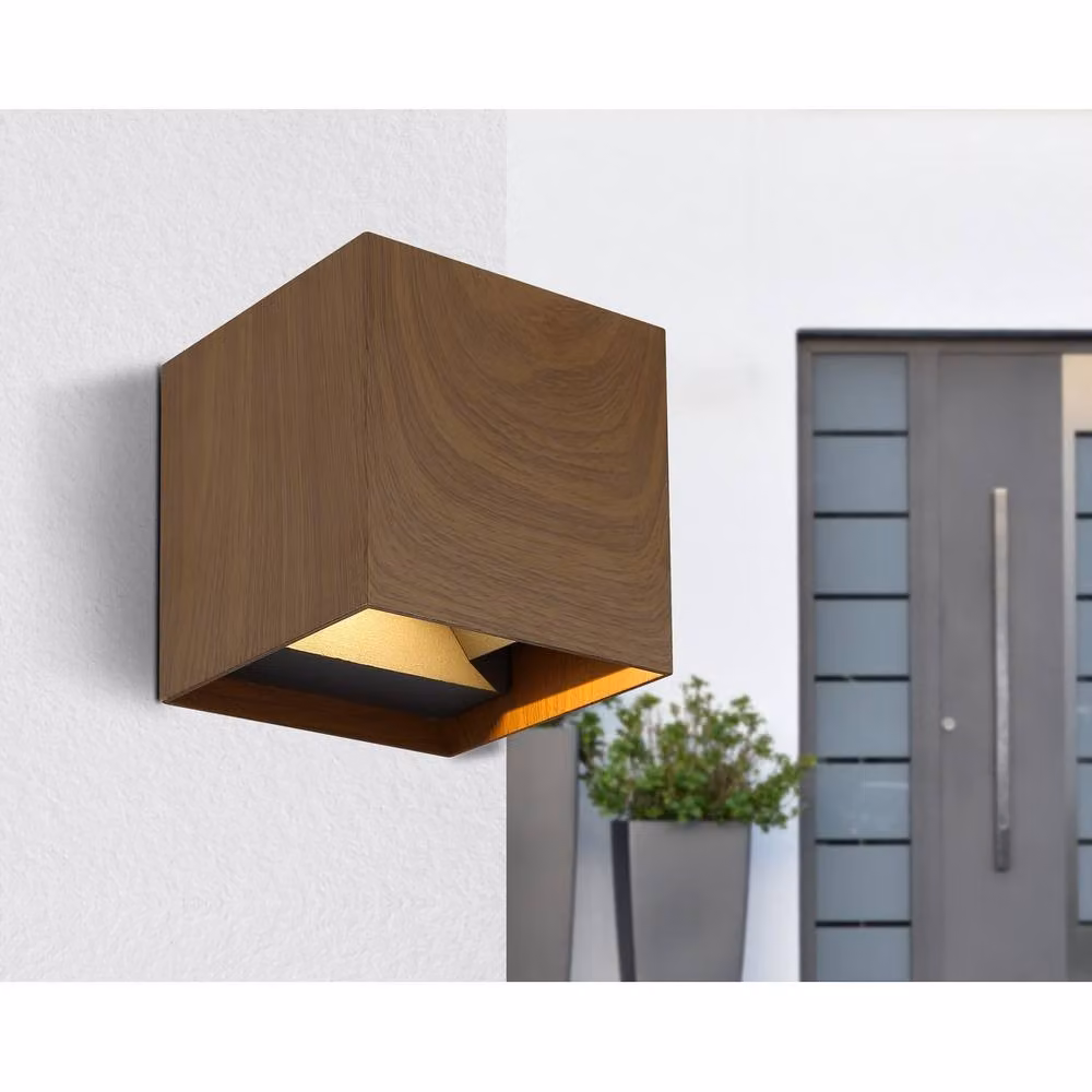 Netlighting Veronika Outdoor Up and Down Wall Lamp in Brown Wood Look with 2x LED 3000K Warm White IP54 Rating – 3