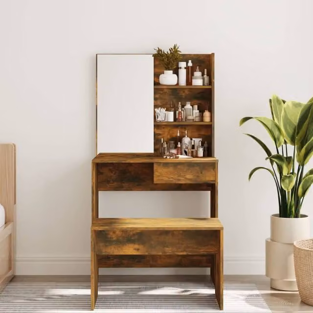 Berkfield Home Modern Dressing Table with Mirror in Smoked Oak Brown, W: 74.5 cm, D: 40 cm, H: 141 cm – 1