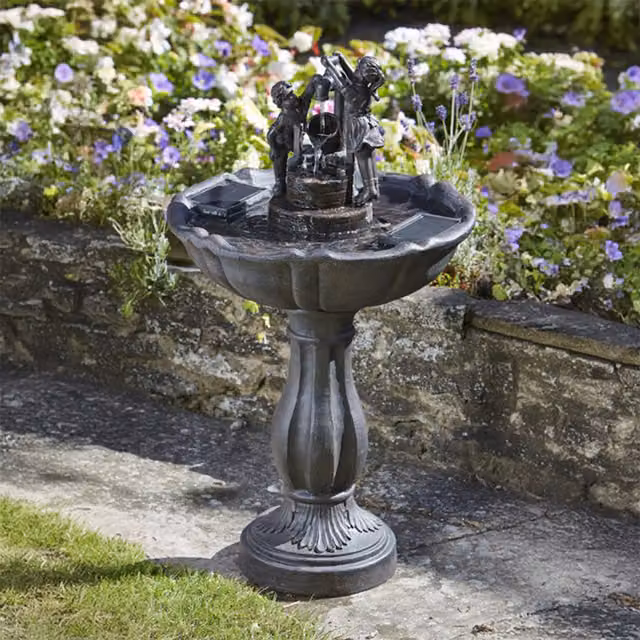Primrose Tipping Pail Solar Powered Bird Bath and Round Water Fountain in Grey