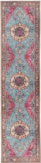 Kukoon Abstract Vintage Hallway Runner Rug in Beige, Petrol and Turquoise, Non-Slip and Washable, W: 60 cm, L: 240 cm – 1
