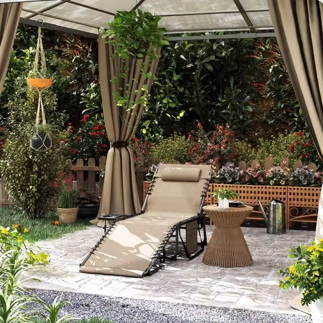 Outsunny Reclining Folding Sun Lounger with Side Table and Adjustable Headrest in Beige