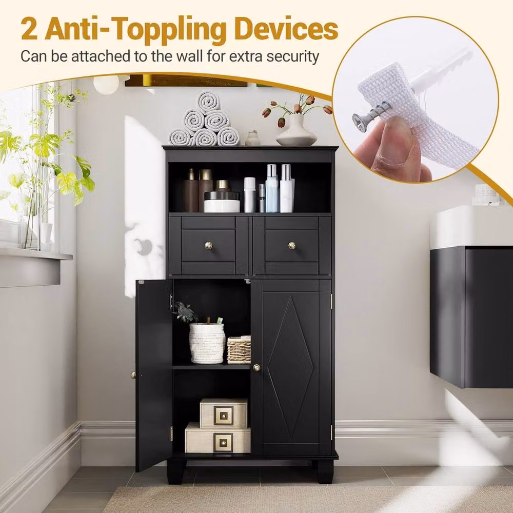 VOGREX Black Matt Freestanding Pine Wood Bathroom and Living Room Floor Storage Cabinet with Internal Shelves and Hinged Doors – 4